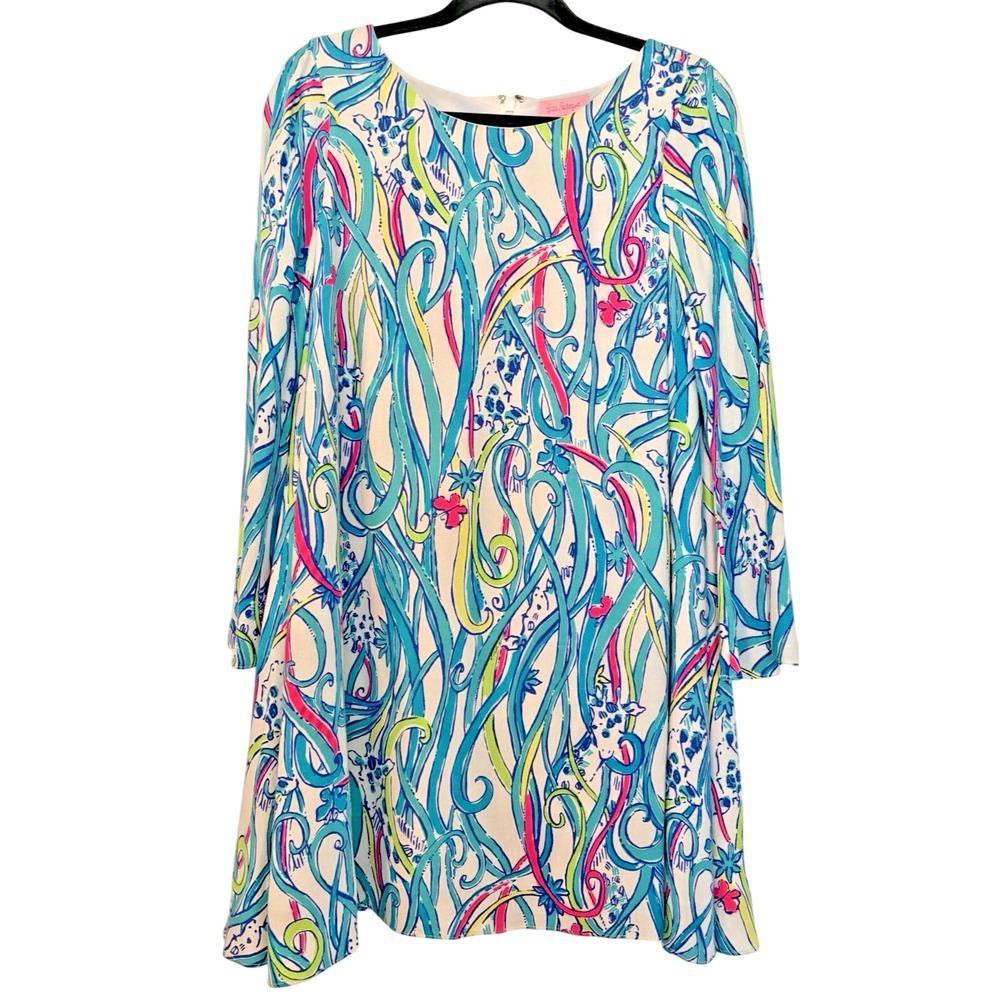Lilly Pulitzer Iona Resort White Blue Ribbon Print Shift Dress Size Small Flare